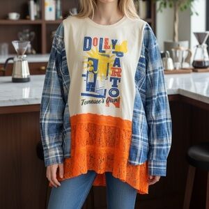 Upcycle Women's Graphic with Lace bottom and hand bleached flannel